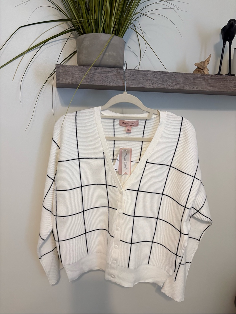 Philosophy Cream-White V-Neck Grid Cardigan